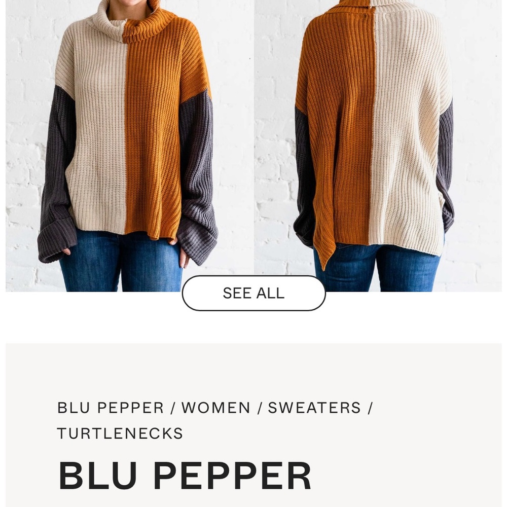 Blu Pepper Women's Cowl Neck Colorblock Sweater - Cream, Orange, Gray